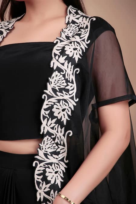 Shop_Nidhi Kejriwal_Black Organza, Crepe Bandeau , Open Cape And Dhoti Skirt Set _Online_at_Aza_Fashions