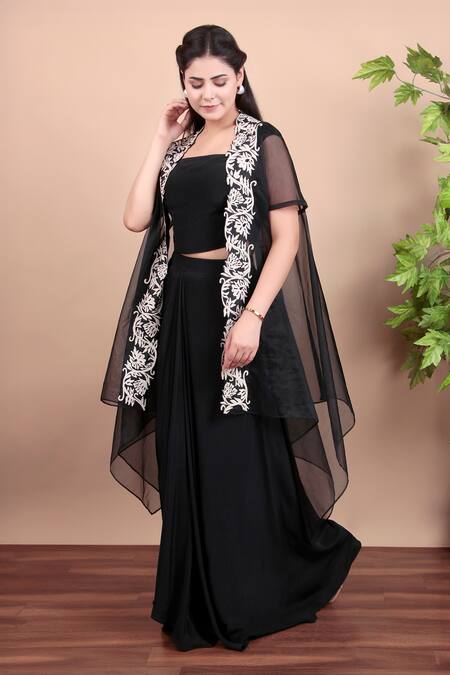 Nidhi Kejriwal_Black Organza, Crepe Bandeau , Open Cape And Dhoti Skirt Set _at_Aza_Fashions