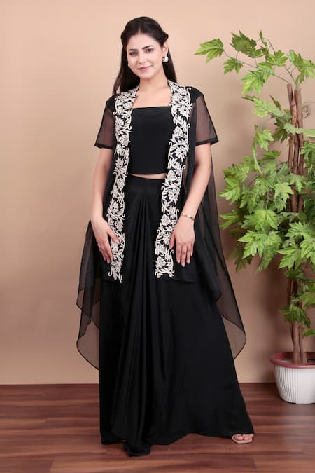 Buy_Nidhi Kejriwal_Black Organza, Crepe Bandeau , Open Cape And Dhoti Skirt Set 