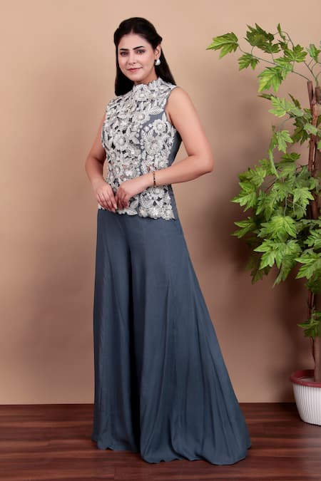 Shop_Nidhi Kejriwal_Gray Crepe Embroidery Mandarin Collar Grey Top And Palazzo Set _Online_at_Aza_Fashions