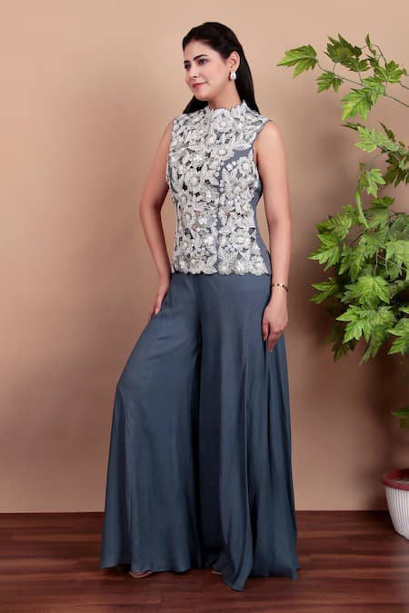 Buy_Nidhi Kejriwal_Gray Crepe Embroidery Mandarin Collar Grey Top And Palazzo Set 