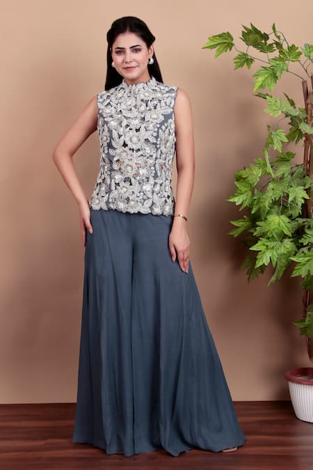 Shop_Nidhi Kejriwal_Gray Crepe Embroidery Mandarin Collar Grey Top And Palazzo Set 