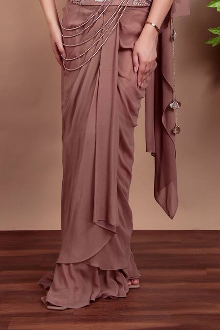 Nidhi Kejriwal Brown Silk, Georgette Beads, Sequins Designer Pre-draped Saree With Blouse Online at Aza Fashions Nidhi Kejriwal_Brown Silk, Georgette Beads, Sequins Designer Pre-draped Saree With Blouse _Online_at_Aza_Fashions