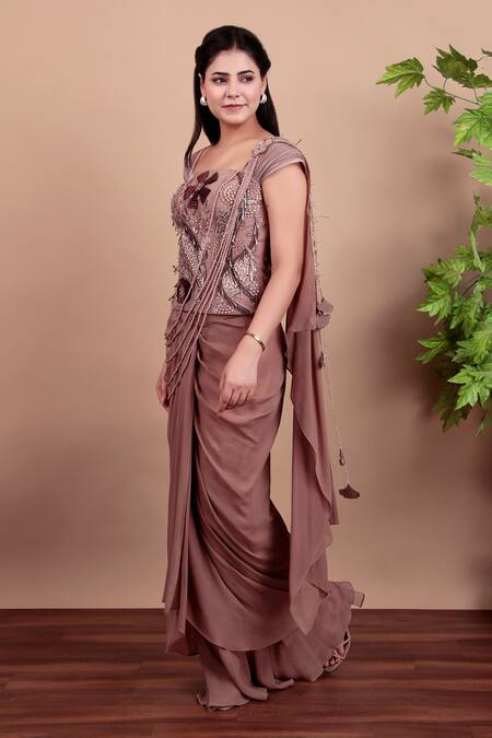 Nidhi Kejriwal_Brown Silk, Georgette Beads, Sequins Designer Pre-draped Saree With Blouse _at_Aza_Fashions