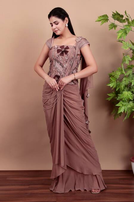 Buy_Nidhi Kejriwal_Brown Silk, Georgette Beads, Sequins Designer Pre-draped Saree With Blouse 