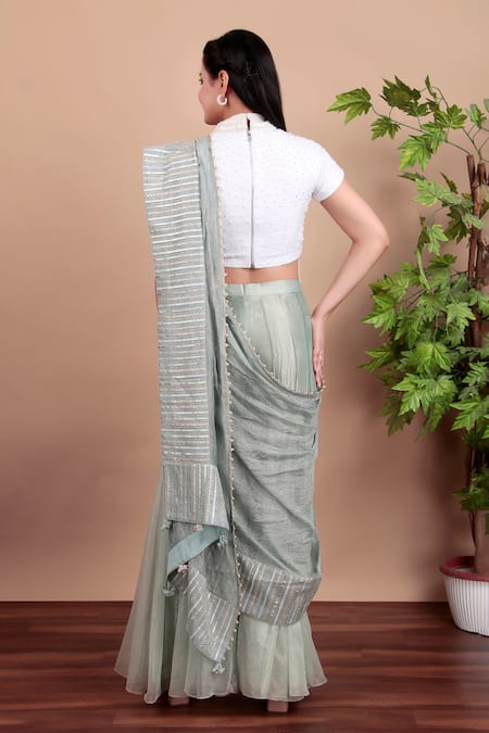 Nidhi Kejriwal Phirozi Blue Designer Pant Saree Set 