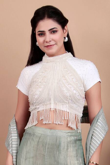 Nidhi Kejriwal_White Organza, Tissue Pearls, Beads, Zari Phirozi Blue Designer Pant Saree Set _Online_at_Aza_Fashions