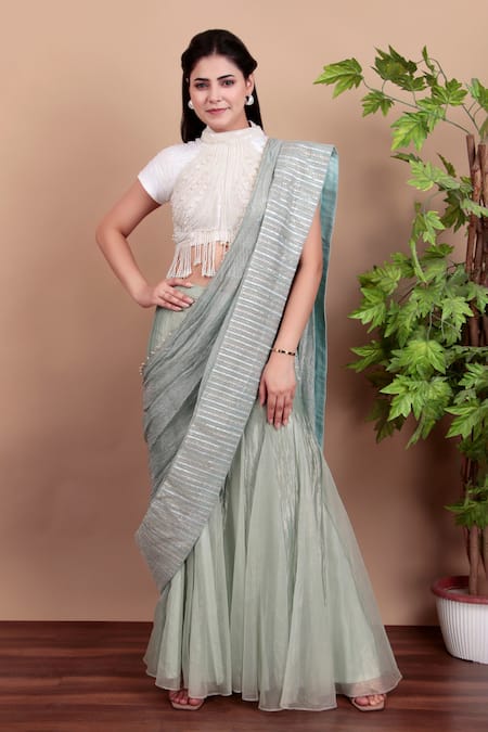 Nidhi Kejriwal White Organza, Tissue Pearls, Beads, Zari Phirozi Blue Designer Pant Saree Set 