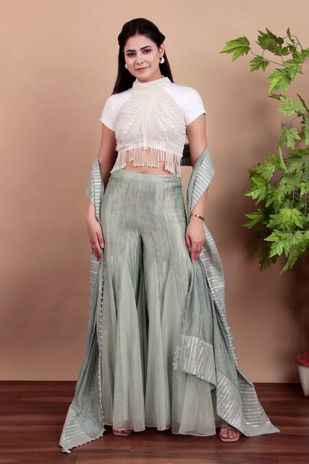 Buy_Nidhi Kejriwal_White Organza, Tissue Pearls, Beads, Zari Phirozi Blue Designer Pant Saree Set _Online_at_Aza_Fashions