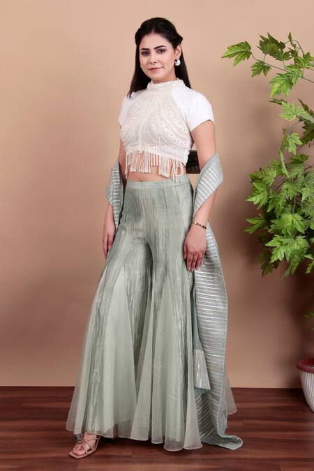 Shop_Nidhi Kejriwal_White Organza, Tissue Pearls, Beads, Zari Phirozi Blue Designer Pant Saree Set _Online_at_Aza_Fashions
