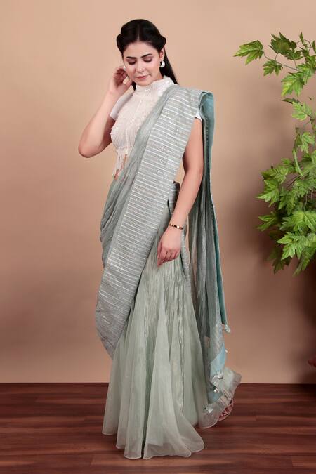 Nidhi Kejriwal_White Organza, Tissue Pearls, Beads, Zari Phirozi Blue Designer Pant Saree Set _at_Aza_Fashions
