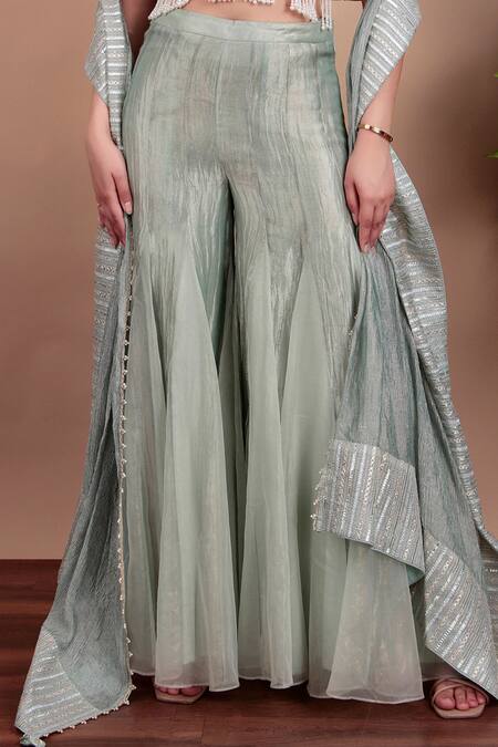 Buy_Nidhi Kejriwal_White Organza, Tissue Pearls, Beads, Zari Phirozi Blue Designer Pant Saree Set 