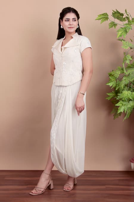 Nidhi Kejriwal_White Chiffon, Chanderi, Net Embroidery Collared Jacket And Draped Skirt Set _Online_at_Aza_Fashions