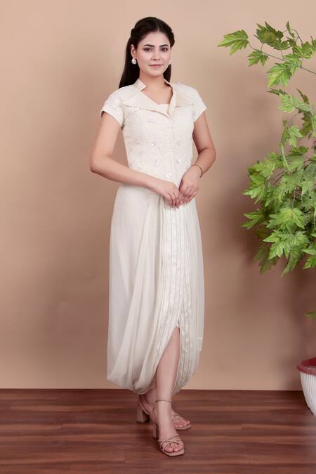 Buy_Nidhi Kejriwal_White Chiffon, Chanderi, Net Embroidery Collared Jacket And Draped Skirt Set _Online_at_Aza_Fashions