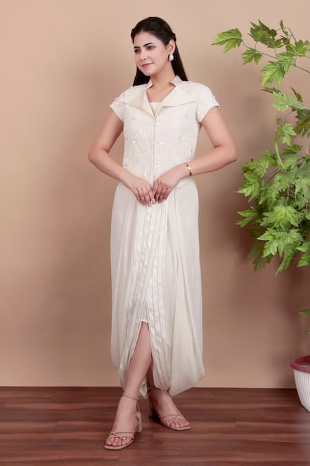Shop_Nidhi Kejriwal_White Chiffon, Chanderi, Net Embroidery Collared Jacket And Draped Skirt Set _Online_at_Aza_Fashions