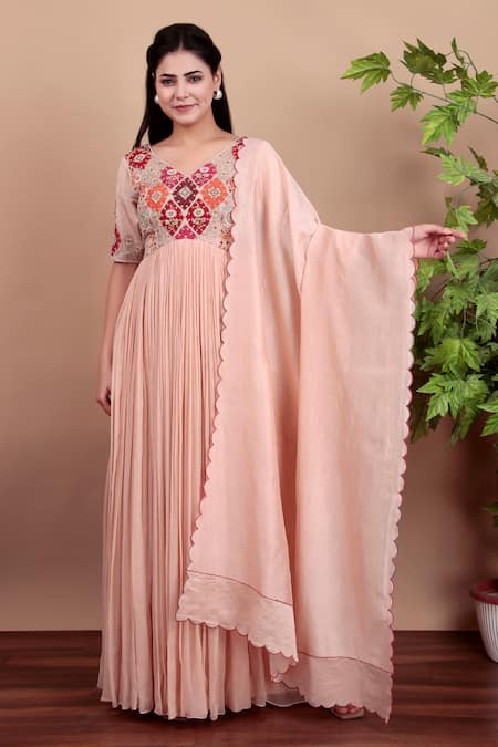 Shop_Nidhi Kejriwal_Peach Chiffon, Chanderi Embroidery V-neck Anarkali Set _Online_at_Aza_Fashions