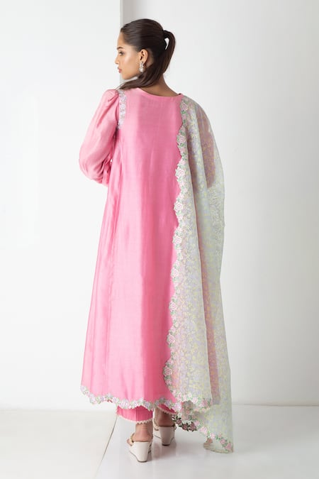 Shop Chhaya Mehrotra Pink Chanderi, Silk Organza Embroidery Round Neck Candy Kurta Pant Set at Aza Fashions Shop_Chhaya Mehrotra_Pink Chanderi, Silk Organza Embroidery Round Neck Candy Kurta Pant Set _at_Aza_Fashions