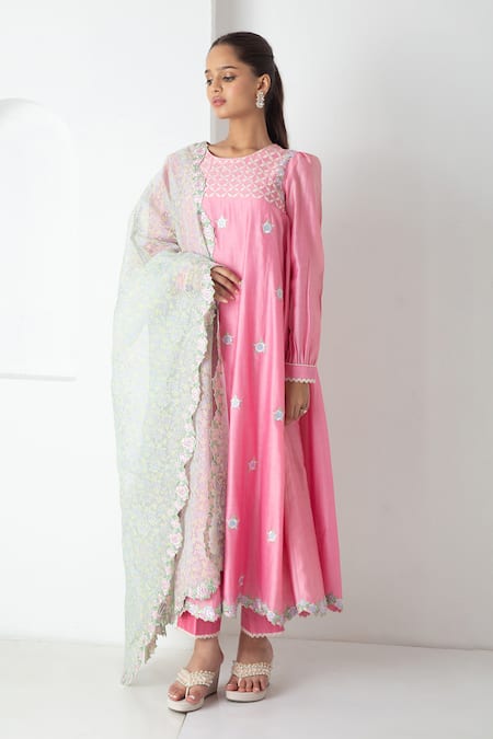 Chhaya Mehrotra Pink Chanderi, Silk Organza Embroidery Round Neck Candy Kurta Pant Set