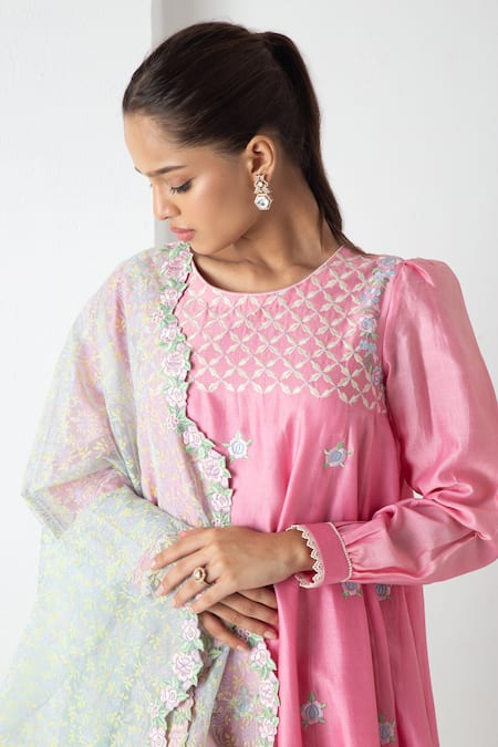 Shop Chhaya Mehrotra Pink Chanderi, Silk Organza Embroidery Round Neck Candy Kurta Pant Set Online at Aza Fashions Shop_Chhaya Mehrotra_Pink Chanderi, Silk Organza Embroidery Round Neck Candy Kurta Pant Set _Online_at_Aza_Fashions