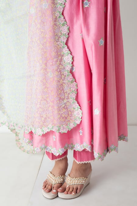 Chhaya Mehrotra Pink Chanderi, Silk Organza Embroidery Round Neck Candy Kurta Pant Set at Aza Fashions Chhaya Mehrotra_Pink Chanderi, Silk Organza Embroidery Round Neck Candy Kurta Pant Set _at_Aza_Fashions