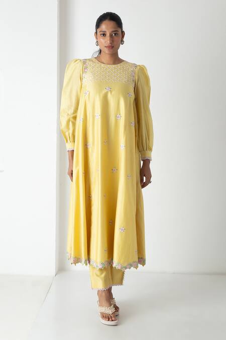Buy Chhaya Mehrotra Yellow Chanderi, Silk Organza Embroidery Round Neck Kurta Pant Set Online at Aza Fashions Buy_Chhaya Mehrotra_Yellow Chanderi, Silk Organza Embroidery Round Neck Kurta Pant Set _Online_at_Aza_Fashions