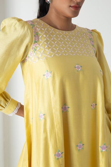 Shop Chhaya Mehrotra Yellow Chanderi, Silk Organza Embroidery Round Neck Kurta Pant Set Online at Aza Fashions Shop_Chhaya Mehrotra_Yellow Chanderi, Silk Organza Embroidery Round Neck Kurta Pant Set _Online_at_Aza_Fashions