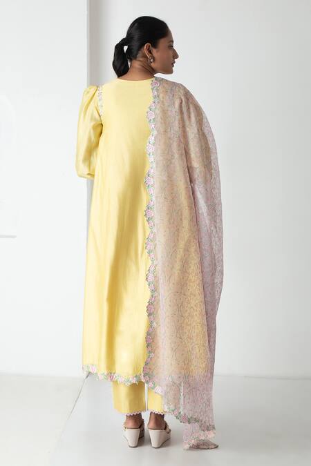 Shop Chhaya Mehrotra Yellow Chanderi, Silk Organza Embroidery Round Neck Kurta Pant Set at Aza Fashions Shop_Chhaya Mehrotra_Yellow Chanderi, Silk Organza Embroidery Round Neck Kurta Pant Set _at_Aza_Fashions