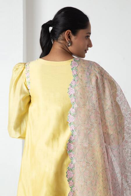 Chhaya Mehrotra Yellow Chanderi, Silk Organza Embroidery Round Neck Kurta Pant Set at Aza Fashions Chhaya Mehrotra_Yellow Chanderi, Silk Organza Embroidery Round Neck Kurta Pant Set _at_Aza_Fashions