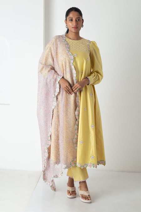 Chhaya Mehrotra Yellow Chanderi, Silk Organza Embroidery Round Neck Kurta Pant Set