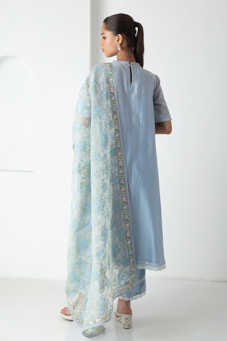 Shop Chhaya Mehrotra Blue Chanderi, Silk Organza Embroidery Round Neck Powder Kurta Pant Set at Aza Fashions Shop_Chhaya Mehrotra_Blue Chanderi, Silk Organza Embroidery Round Neck Powder Kurta Pant Set _at_Aza_Fashions