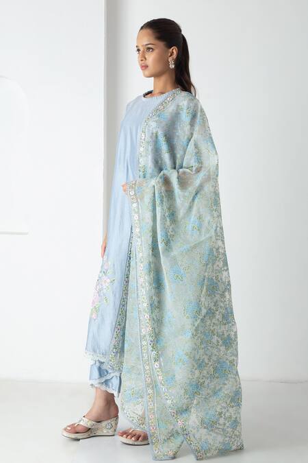 Chhaya Mehrotra Blue Chanderi, Silk Organza Embroidery Round Neck Powder Kurta Pant Set Online at Aza Fashions Chhaya Mehrotra_Blue Chanderi, Silk Organza Embroidery Round Neck Powder Kurta Pant Set _Online_at_Aza_Fashions