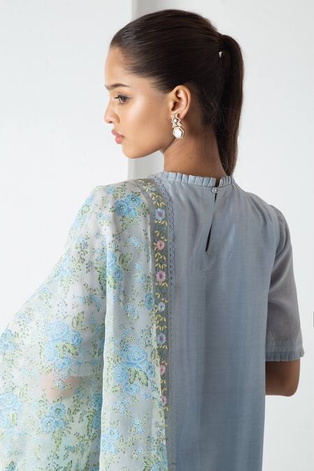 Buy Chhaya Mehrotra Blue Chanderi, Silk Organza Embroidery Round Neck Powder Kurta Pant Set Online at Aza Fashions Buy_Chhaya Mehrotra_Blue Chanderi, Silk Organza Embroidery Round Neck Powder Kurta Pant Set _Online_at_Aza_Fashions