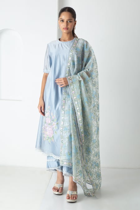 Chhaya Mehrotra Blue Chanderi, Silk Organza Embroidery Round Neck Powder Kurta Pant Set 