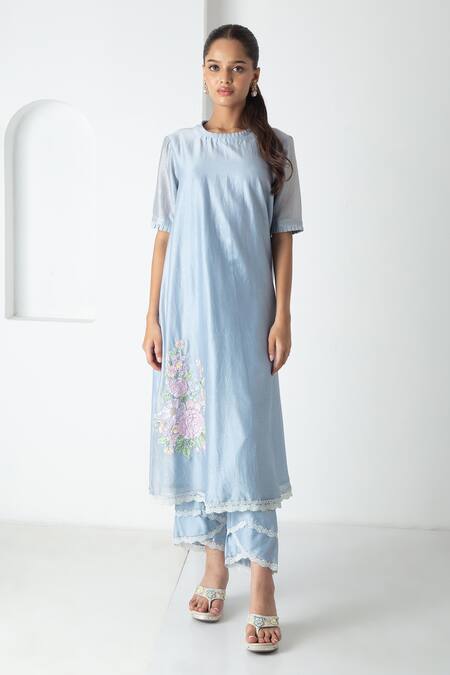 Shop Chhaya Mehrotra Blue Chanderi, Silk Organza Embroidery Round Neck Powder Kurta Pant Set Online at Aza Fashions Shop_Chhaya Mehrotra_Blue Chanderi, Silk Organza Embroidery Round Neck Powder Kurta Pant Set _Online_at_Aza_Fashions