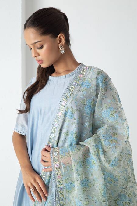 Chhaya Mehrotra Blue Chanderi, Silk Organza Embroidery Round Neck Powder Kurta Pant Set at Aza Fashions Chhaya Mehrotra_Blue Chanderi, Silk Organza Embroidery Round Neck Powder Kurta Pant Set _at_Aza_Fashions
