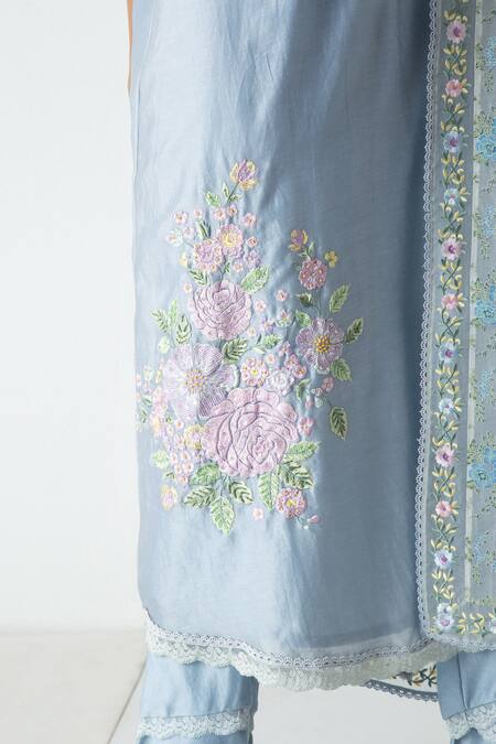 Buy Chhaya Mehrotra Blue Chanderi, Silk Organza Embroidery Round Neck Powder Kurta Pant Set Buy_Chhaya Mehrotra_Blue Chanderi, Silk Organza Embroidery Round Neck Powder Kurta Pant Set