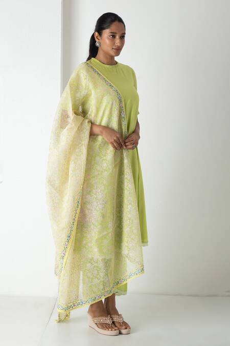 Buy Chhaya Mehrotra Green Chanderi, Silk Organza Embroidery Round Neck Raw Mango Kurta Set Online at Aza Fashions Buy_Chhaya Mehrotra_Green Chanderi, Silk Organza Embroidery Round Neck Raw Mango Kurta Set _Online_at_Aza_Fashions