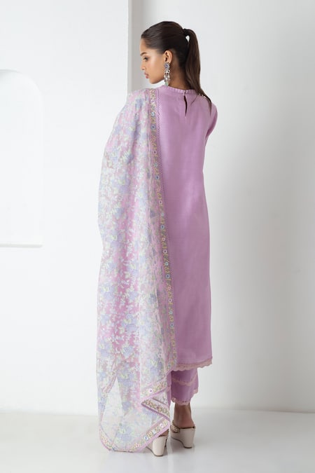 Shop Chhaya Mehrotra Lavender Chanderi, Silk Organza Embroidery Round Neck Electric Kurta Set at Aza Fashions Shop_Chhaya Mehrotra_Lavender Chanderi, Silk Organza Embroidery Round Neck Electric Kurta Set _at_Aza_Fashions