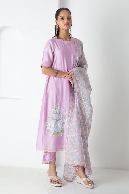 Chhaya Mehrotra Lavender Chanderi, Silk Organza Embroidery Round Neck Electric Kurta Set