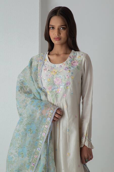 Shop Chhaya Mehrotra Ivory Chanderi, Silk Organza Embroidery Round Neck Kurta Pant Set Online at Aza Fashions Shop_Chhaya Mehrotra_Ivory Chanderi, Silk Organza Embroidery Round Neck Kurta Pant Set _Online_at_Aza_Fashions
