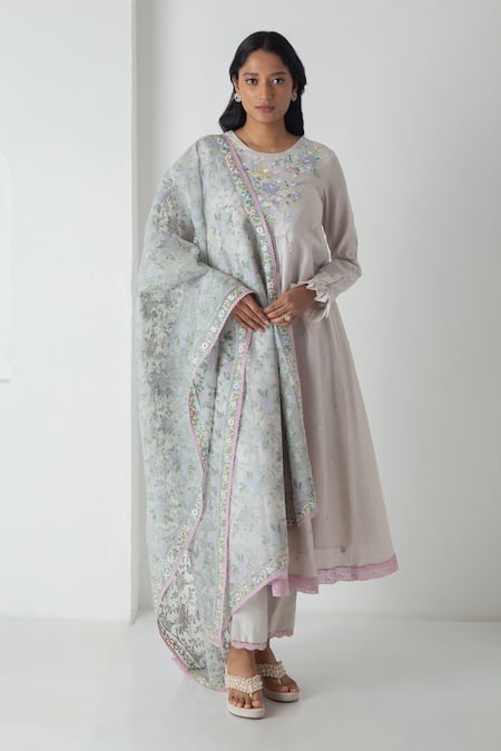 Chhaya Mehrotra Gray Chanderi, Silk Organza Embroidery Round Neck Chalk Grey Kurta Pant Set 
