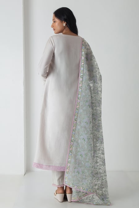 Shop Chhaya Mehrotra Gray Chanderi, Silk Organza Embroidery Round Neck Chalk Grey Kurta Pant Set at Aza Fashions Shop_Chhaya Mehrotra_Gray Chanderi, Silk Organza Embroidery Round Neck Chalk Grey Kurta Pant Set _at_Aza_Fashions