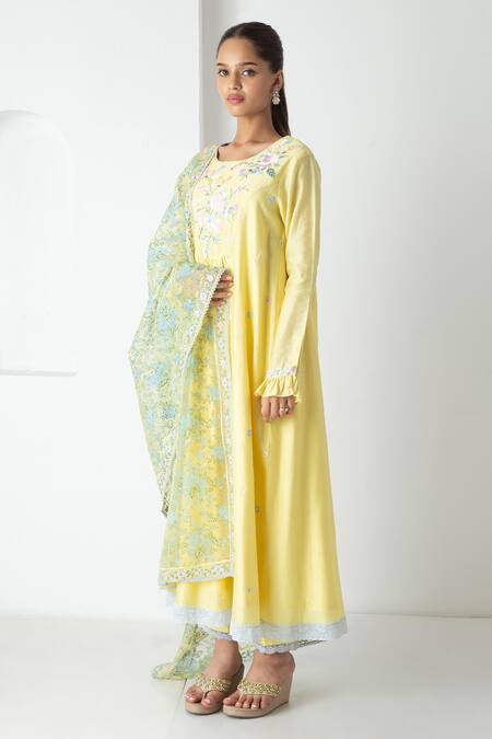 Buy Chhaya Mehrotra Yellow Chanderi, Silk Organza Embroidery Round Neck Illuminating Kurta Set Online at Aza Fashions Buy_Chhaya Mehrotra_Yellow Chanderi, Silk Organza Embroidery Round Neck Illuminating Kurta Set _Online_at_Aza_Fashions