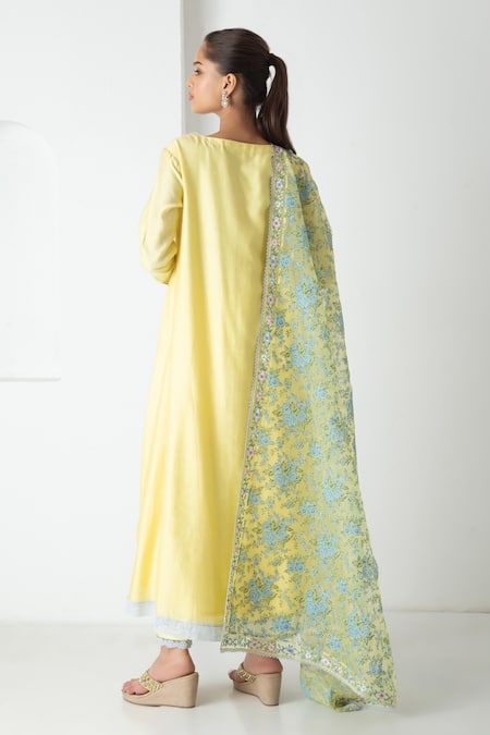 Shop Chhaya Mehrotra Yellow Chanderi, Silk Organza Embroidery Round Neck Illuminating Kurta Set at Aza Fashions Shop_Chhaya Mehrotra_Yellow Chanderi, Silk Organza Embroidery Round Neck Illuminating Kurta Set _at_Aza_Fashions