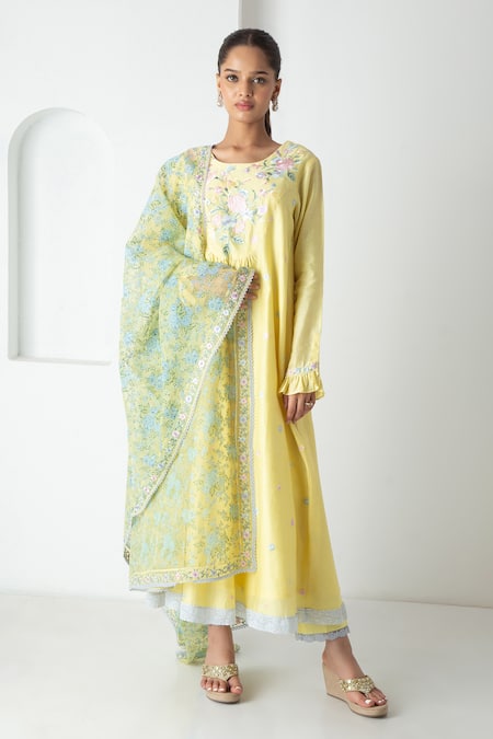 Chhaya Mehrotra Yellow Chanderi, Silk Organza Embroidery Round Neck Illuminating Kurta Set