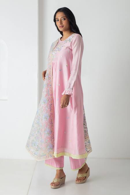 Chhaya Mehrotra Pink Chanderi, Silk Organza Embroidery Round Neck Orchid Kurta Set Online at Aza Fashions Chhaya Mehrotra_Pink Chanderi, Silk Organza Embroidery Round Neck Orchid Kurta Set _Online_at_Aza_Fashions