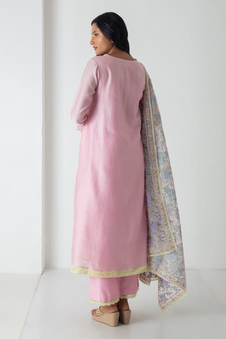 Shop Chhaya Mehrotra Pink Chanderi, Silk Organza Embroidery Round Neck Orchid Kurta Set at Aza Fashions Shop_Chhaya Mehrotra_Pink Chanderi, Silk Organza Embroidery Round Neck Orchid Kurta Set _at_Aza_Fashions