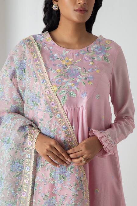 Shop Chhaya Mehrotra Pink Chanderi, Silk Organza Embroidery Round Neck Orchid Kurta Set Online at Aza Fashions Shop_Chhaya Mehrotra_Pink Chanderi, Silk Organza Embroidery Round Neck Orchid Kurta Set _Online_at_Aza_Fashions