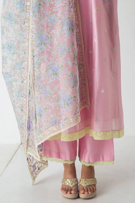 Chhaya Mehrotra Pink Chanderi, Silk Organza Embroidery Round Neck Orchid Kurta Set at Aza Fashions Chhaya Mehrotra_Pink Chanderi, Silk Organza Embroidery Round Neck Orchid Kurta Set _at_Aza_Fashions
