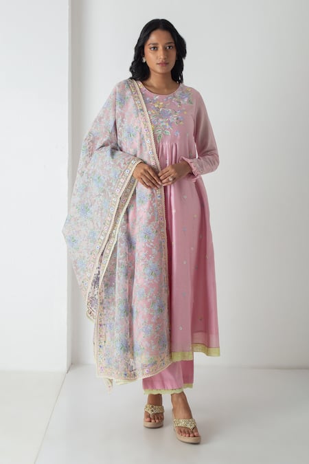 Chhaya Mehrotra Pink Chanderi, Silk Organza Embroidery Round Neck Orchid Kurta Set